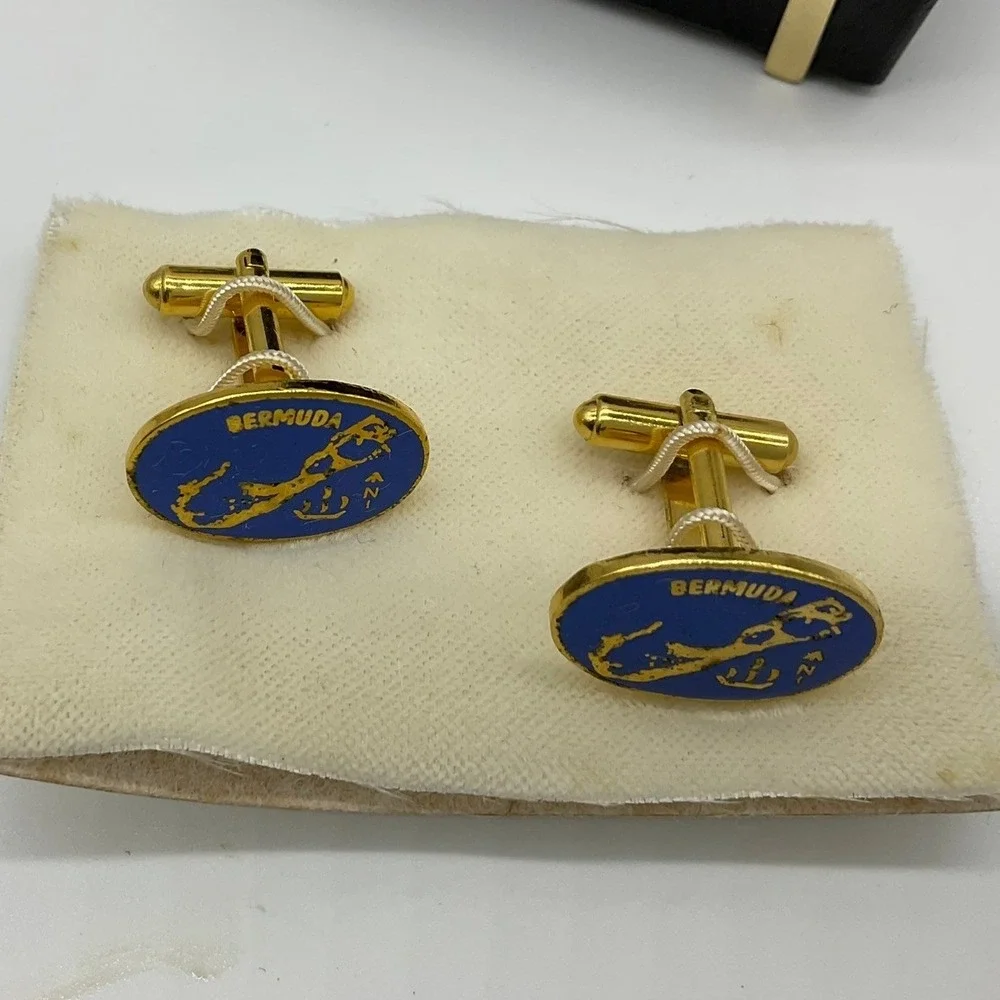VTG Windsor Bermuda Map Cufflinks Mens Blue Gold Enamel Travel Souvenir Gift Box
